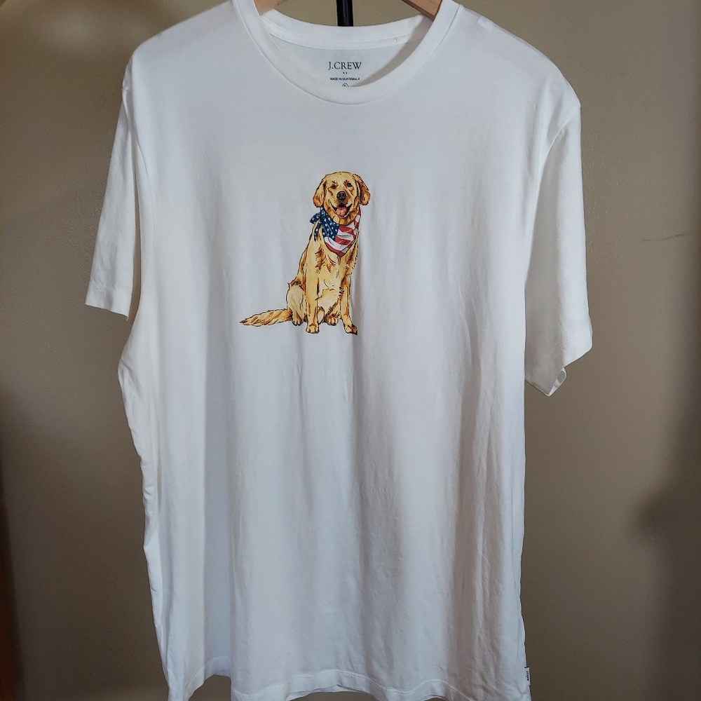 J. Crew White Graphic Patriotic Tee - Golden Retriever  4th Of July XL  Cotton